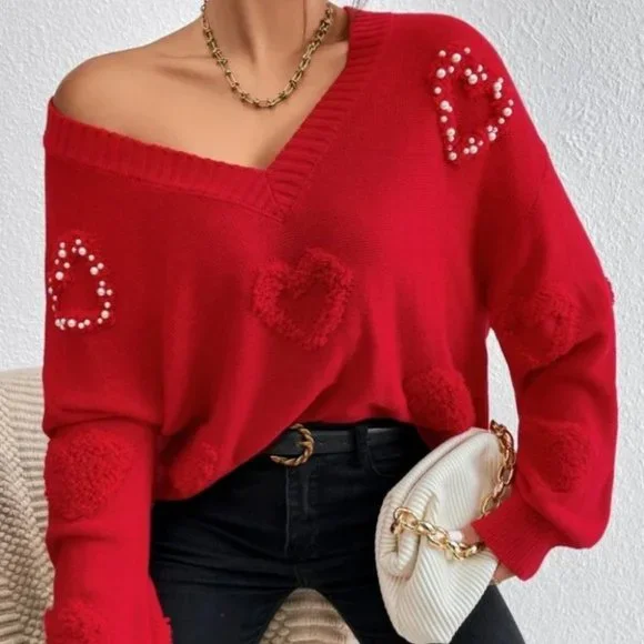 Pearl Heart detailed red knit sweater top - Picture 2 of 6